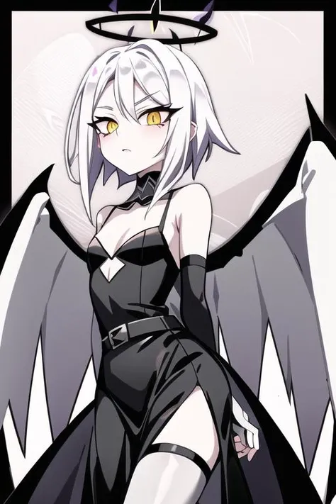 cartoon style, at hell, hellfire, hazbin hotel, hazbinlute, unmasked, pale gray skin, angel, angel wings, white angel wings, black wings border, white hair, short hair, yellow eyes, halo, black halo, black aura, black aureola, black clothes, belt, elbow gloves, <lora:Lute__Hazbin_Hotel:1>, looking at viewer, <lora:add_detail:0.3>