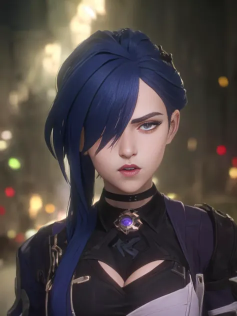 ((masterpiece)), Acheron, Honkai Star Rail, Arcane,((arcane style:1.5)), perfect face, highly detailed eyes, (close up), very sexy, very young, very long purple hair, purple hair, chocker, (bangs), ((hair over one eye)), ((open white cropped jacket)), one bare shoulder, purple eyes, crop top, ((parted lips)), open mouth, cleavage, purple lighting, (in a steampunk city), ((bokeh:1.2)), sharp focus, cinematic, looking at viewer, <lora:arcane_offset:1.2> <lora:yomi:.7>
