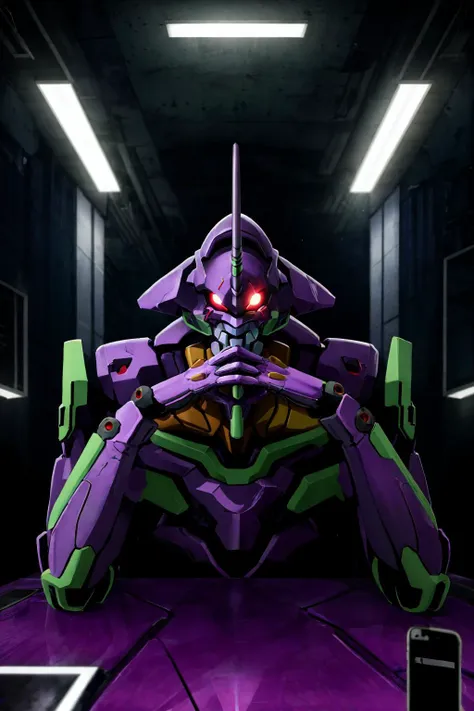 masterpiece, gendou pose, (glowing eyes:1.2), <lora:gendou pose:1>, <lora:EVAIII:0.6> evangelion unit 01, shogoki, purple and green robot, behind table, hand covering mouth, high tech futuristic interior:1.2, dramatic lighting, nerv headquarter, dark, <lora:LowRA:0.8>