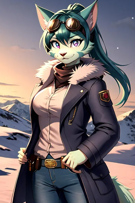 <lora:LilithCalah_SD15-V2:0.75>18 years old lilithcalah, furry, anthro, green hair, (green body fur, fluffy fur, green body:1.2), perfect purple eyes, black pupils, beautiful breasts, cat tail, side_braid, cat ears, looking at viewer, wide-eyed, smug expression, ponytail,
steampunk explorer clothes, pants, winter coat, utility belt, goggles on headwear, shoulder holster,
arctic plain, nordic mountains in background,
snowy plain, ice clouds,
cinematic winter lighting, muted colors, (masterpiece:1.2), (highly detailed:1.2), (intricate:1.2), (best quality:1.2),(8k:1.2), (sharp:1.2), (majestic:1.2)