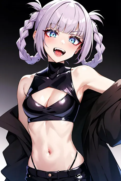 nanakusa nazuna,
1girl, bangs, black background, black jacket, black shirt, black shorts, blue eyes, blunt bangs, breasts, cleavage cutout, clothing cutout, crop top, eyeshadow, fangs, gradient hair, grey hair, hair rings, jacket, light purple hair, looking at viewer, makeup, multicolored hair, navel, open mouth, red eyeshadow, shirt, shorts, sleeveless, sleeveless turtleneck, sleeveless turtleneck crop top, small breasts, solo, stomach, turtleneck, turtleneck crop top, two-tone hair, vampire, ((masterpiece))
<lora:nanakusa_nazuna_offset:1>