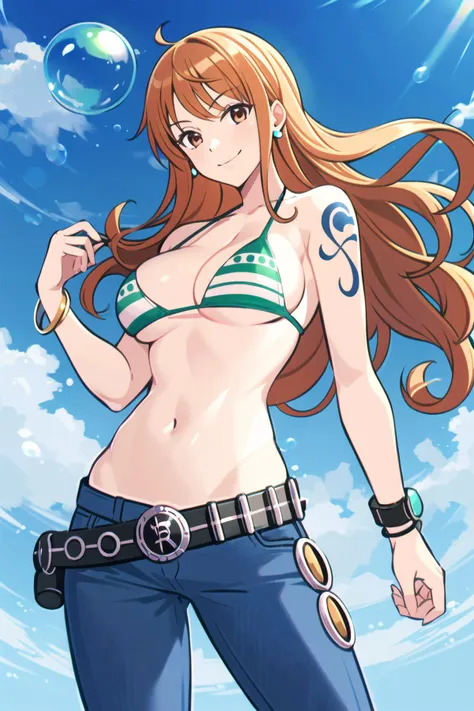 nami \(one piece\),
1girl, bangle, bangs, bare shoulders, belt, bikini, bikini top only, blue sky, bracelet, breasts, brown eyes, bubble, cleavage, cloud, cowboy shot, day, denim, earrings, floating hair, green belt, green bikini, groin, jeans, jewelry, large breasts, log pose, long hair, looking at viewer, navel, orange hair, pants, shoulder tattoo, sidelocks, sky, smile, solo, standing, stomach, swimsuit, tattoo
, ((masterpiece)) <lora:nami_final_offset:1>