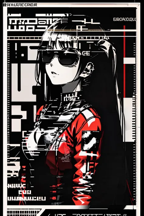(masterpiece, best quality, hyper detailed), ascii_art, (poster, texts, lettering), upperbody,1girl, twintail hair, red dress, sunglasses, city view, <lora:ascii_art-10:0.8>
