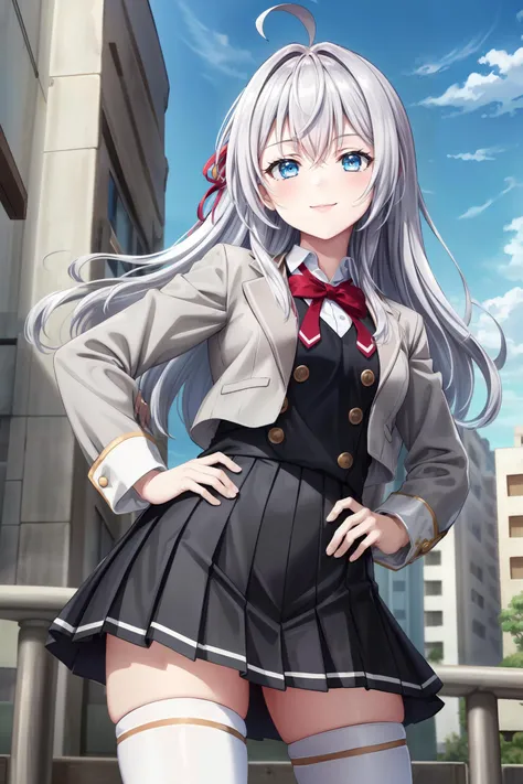 1girl, (((masterpiece, best quality))), (absurdres, absolutely resolution), (8k), (detailed beautiful face and eyes), (detailed illustration), (superfine illustration), <lora:more_details:0.5>, <lora:alisa_mikhailovna-v2:0.7> alisa_wz, grey hair, long hair, ahoge, sidelocks, medium breasts, blue eyes, red hair ribbon, school uniform, collared shirt, white shirt, red bowtie, black pinafore dress, pinafore dress, grey jacket, long sleeves, black skirt, miniskirt, pleated skirt, crossed bangs, open jacket, white thighhighs, standing, cowboy shot, looking at viewer, smile, hand on hip, outdoors, blue sky