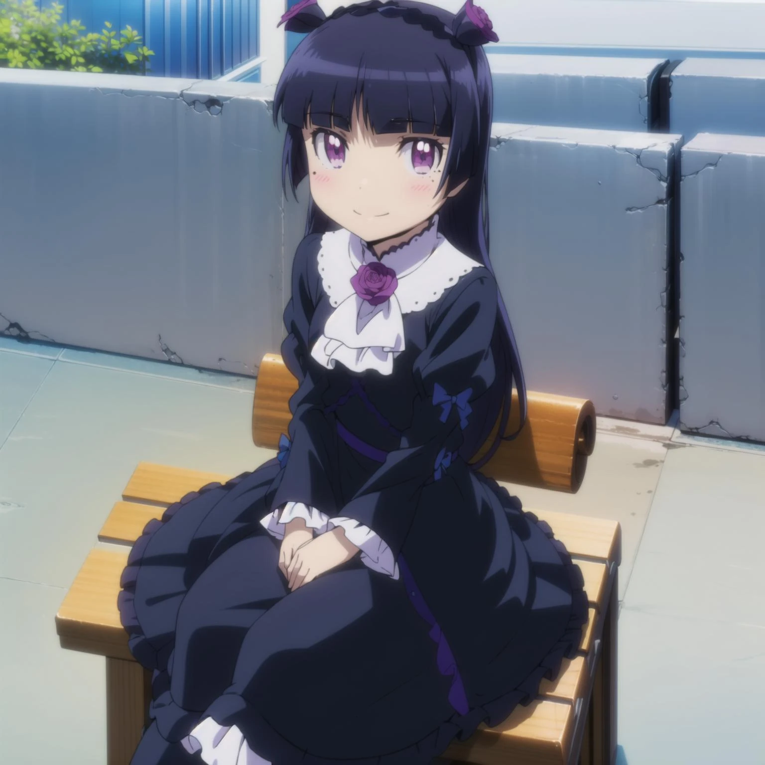 1girl,solo,smile,outdoor,sitting,bench,looking at viewer,
<lora:ruri2:0.85:0.9:lbw=1,0,0,1,1,1,1,1,1,1,0,0,0,1,0,0,0,1,1,1,1,1,1,1,1,1>,aaruri,black_hair,long_hair,mole,mole_under_eye,purple_eyes,red_eyes,hairband,hime_cut,
,ruridress,gothic_ta,loliashion,dress,purple_rose,pantyhose,