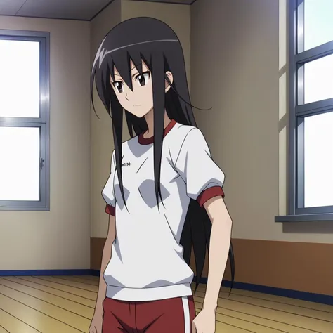 <lora:ShinoAmakusaXLpony001>,
solo,
ShinoAmakusa,1girl,black hair,long hair,black eyes,
indoors,
gym_uniform,shirt,short_sleeves,pants,