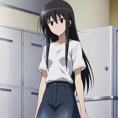 <lora:ShinoAmakusaXLpony001>,
solo,
ShinoAmakusa,1girl,black hair,long hair,black eyes,
indoors,white shirt,collarbonea,
jeans skirt,