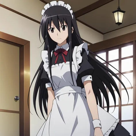 <lora:ShinoAmakusaXLpony001>,
solo,
ShinoAmakusa,1girl,black hair,long hair,black eyes,
indoors,
cowboy shot,
maid,