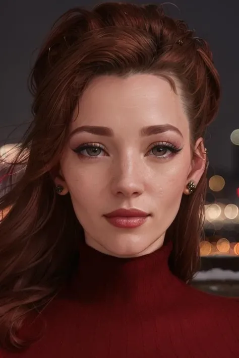 (photo of <lora:danielleriley-10:0.8>, danielleriley), a woman with red hair, (closeup, portrait):1.2), (rooftop, at night, nighttime, fireworks, snow),(turtleneck sweater), (lipstick, eyeliner, eye shadow), (pale skin), (natural light, (masterpiece:1.2) (photorealistic:1.2), slight smile, (best quality) ((detailed face, detailed eyes, detailed skin):1.2) (intricate details) (8k) (HDR) (cinematic lighting) (sharp focus)