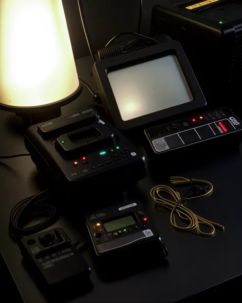 a bunch of electronic equipment sitting on top of a table ,  high quality, high textured, real life,  science fiction, from Johnny Mnemonic