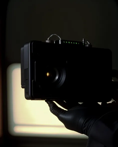 a person holding a camera in a dark room , high quality, high textured, real life, science fiction, from Johnny Mnemonic