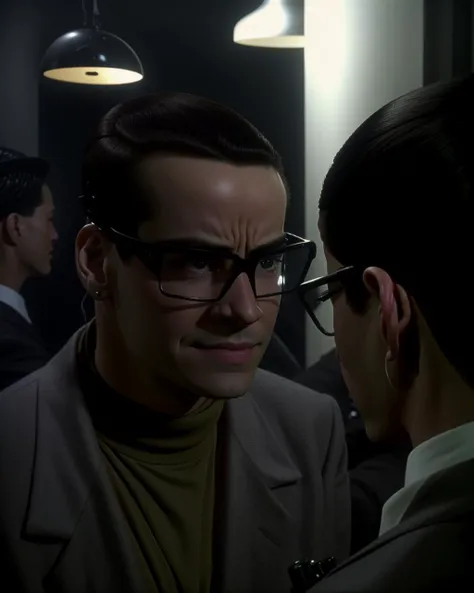 a man with glasses talking to another man , high quality, high textured, real life, science fiction, from Johnny Mnemonic