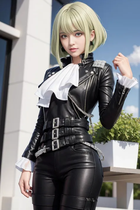 (masterpiece, best quality, ultra detailed), ultra realistic, half body, younger,cool & sexy \(idolmaster\),
<lora:aiBeautyIthlinni_ithlinniV1:0.4>, little breasts, 1girl,short hair, green hair , lio fotia, black jacket, ascot, leather pants, half gloves, multiple belts, jewelry, earrings, <lora:promare_fotia:1>
