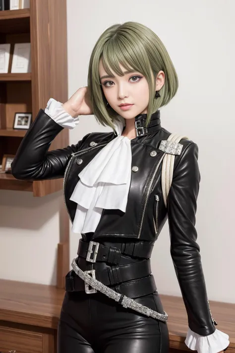 (masterpiece, best quality, ultra detailed), ultra realistic, half body, younger,cool & sexy \(idolmaster\),
<lora:aiBeautyIthlinni_ithlinniV1:0.4>, little breasts, 1girl,short hair, green hair , lio fotia, black jacket, ascot, leather pants, half gloves, multiple belts, jewelry, earrings, <lora:promare_fotia:1>