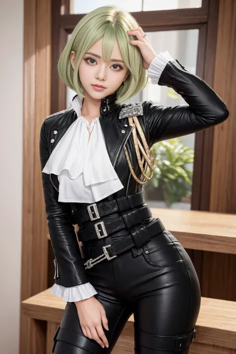 (masterpiece, best quality, ultra detailed), ultra realistic, half body, younger,cool & sexy \(idolmaster\),
<lora:aiBeautyIthlinni_ithlinniV1:0.4>, little breasts, 1girl,short hair, green hair , lio fotia, black jacket, ascot, leather pants, half gloves, multiple belts, jewelry, earrings,  <lora:promare_fotia:1>
