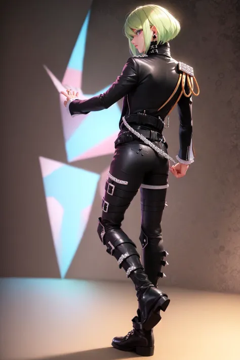 (masterpiece, best quality:1.2), <lyco:promare_fotia-11:1.0>, solo, male focus, 1boy, lio fotia, expressionless, looking back, black jacket, leather pants, jewelry, earrings