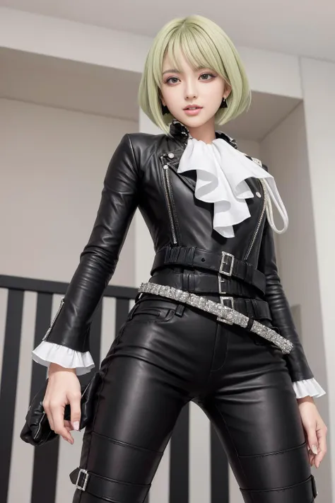 (masterpiece, best quality, ultra detailed), ultra realistic, half body, younger,cool & sexy \(idolmaster\),
<lora:aiBeautyIthlinni_ithlinniV1:0.4>, little breasts, 1girl,short hair, green hair , lio fotia, black jacket, ascot, leather pants, half gloves, multiple belts, jewelry, earrings, <lora:promare_fotia:1>