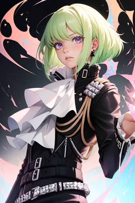 (masterpiece, best quality:1.2), <lyco:promare_fotia-11:1.0>, cowboy shot, solo, male focus, 1boy, lio fotia, expressionless, looking at viewer, pyrokinesis, black jacket, ascot, half gloves, multiple belts, jewelry, earrings, purple fire