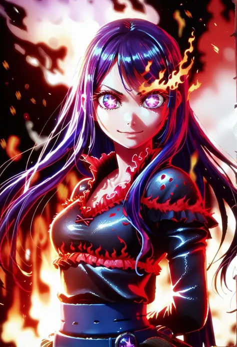 firegirl, <lora:firegirl_ponyxl_v1:0.6>, 1girl, hoshinoai, solo, <lora:hoshinoai_ponyxl:0.8>, purple hair, purple eyes, long hair, (star-shaped pupils), standing, closed mouth, (burning hair:1.2), looking at viewer, blurry background, smile, long hair, solo, burning, fire aura, magma belt, burning clothes, glowing eyes, looking at viewer, jewelry, glowing blue belt, fingernails, arms behind back, fiery background, sparks, smoke, black background, dark, bioluminescent dress, upper body,
BREAK
backlighting, score_9, score_8_up, score_7_up, score_6_up, <lora:fiz-rot_pony_v3:0.4>, BREAK
(high quality, detailed, beautiful), shiny, detailed beautiful eyes, outstanding, countershading, detailed soft lighting