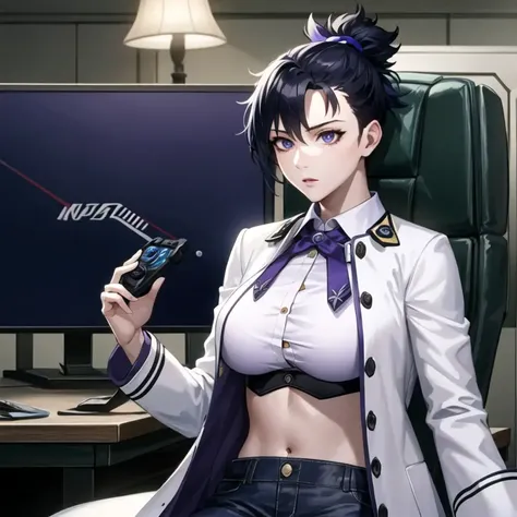 masterpiece, best quality, extremely detailed 8K wallpaper, ultra detailed, best anatomy, best shadow, impossible clothes, masterpiece, detailed eyes, beautiful eyes, <lora:sei:1>,sei, 1girl, solo, breasts, large breasts, black hair, blue eyes, underboob, midriff, white shirt, (purple coat:1.5), ( control room:1.2) , (console lights:1.3),(illuminated buttons:1.2), sitting, (anime screencap:0.8)