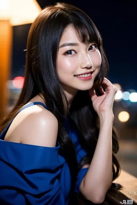 20yo, 8k, RAW portrait of (japanese girl), photo realistic, ultra high res, best quality, real life photo , dramatic, atmospheric, ( at night :1.1),
1girl, a very beautiful japanese girl, glamour shot of girl, long hair, smooth skin, closed mouth, smile, slender body, teeth
big beautiful detailed eyes, black hair, beautiful detailed nose, (flat Chest:0.5),
blue dress, jacket on shoulder, upper body,
<lora:SoraAmamiya_V1:1>, posting at street, (tilt head:0.3), look camera, amamiya sora