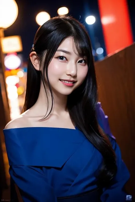 20yo, 8k, RAW portrait of (japanese girl), photo realistic, ultra high res, best quality, real life photo , dramatic, atmospheric, ( at night :1.1),
1girl, a very beautiful japanese girl, glamour shot of girl, long hair, smooth skin, closed mouth, smile, slender body, teeth
big beautiful detailed eyes, black hair, beautiful detailed nose, (flat Chest:0.5),
blue dress, jacket on shoulder, upper body,
<lora:SoraAmamiya_V1:1>, posting at street, (tilt head:0.3), look camera, amamiya sora