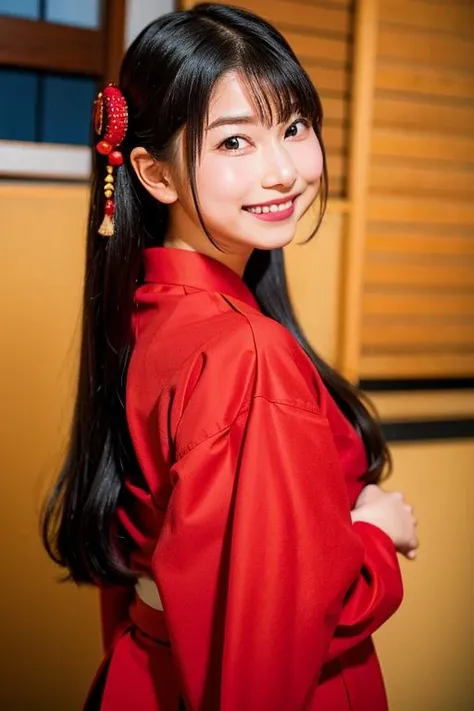 20yo, 8k, RAW portrait of (japanese girl), photo realistic, ultra high res, best quality, real life photo , dramatic, atmospheric, ( at night :1.1),
1girl, a very beautiful japanese girl, glamour shot of girl, long hair, natural skin, closed mouth, smile, slender body, grin
big beautiful detailed eyes, black hair, beautiful detailed nose, (flat Chest:0.5),
japanese clothes, upper body, hair ornament,
<lora:SoraAmamiya_V15:1>, simple background, (tilt head:0.3), look camera, from back