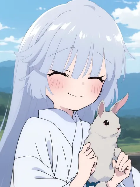<lora:Yukimusume:1> Yukimusume, japanese clothes, long hair, 1girl, kimono, white kimono, closed eyes, smile, holding animal, outdoors, blue hair, bangs, blush, holding, day, photo background, animal, upper body, light blue hair, rabbit, blunt bangs, sky, wide sleeves
((((masterpiece)))), high quality, very_high_resolution, large_filesize, full color