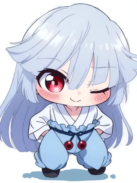 <lora:Yukimusume:1> Yukimusume, solo, 1girl, red eyes, one eye closed, smile, long hair, white background, chibi, simple background, blush, japanese clothes, full body, ;)
((((masterpiece)))), high quality, very_high_resolution, large_filesize, full color