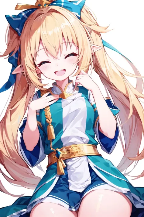 <lora:nikkori_v100:1>
insanely detailed, absurdres, ultra-highres, ultra-detailed, best quality,
1girl, solo, nice hands, perfect hands,
BREAK,
closed eyes, (cleavage:-1.5),
happy smile, laugh, open mouth,
sitting,
from below, cowboy shot,
BREAK,
slender, kawaii, perfect symmetrical face, ultra cute girl, ultra cute face, ultra detailed eyes, ultra detailed hair, ultra cute, ultra beautiful,
BREAK,
in forest,
BREAK,
elf girl, blonde hair, elf ear, pink eyes, large breasts