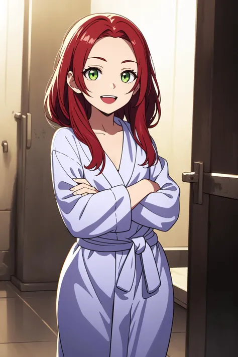 dynamic angle, cinematic shot, key visual, official art, (masterpiece, best quality:1.2), 1girl, :d, grin, looking at viewer, forehead, cute, petite, flat_chest, wide hips, light red hair, long hair, hime cut, straight hair, green eyes, BREAK, ( bathrobe), BREAK, back focus, squating,crossed arms, BREAK, building, skyscraper