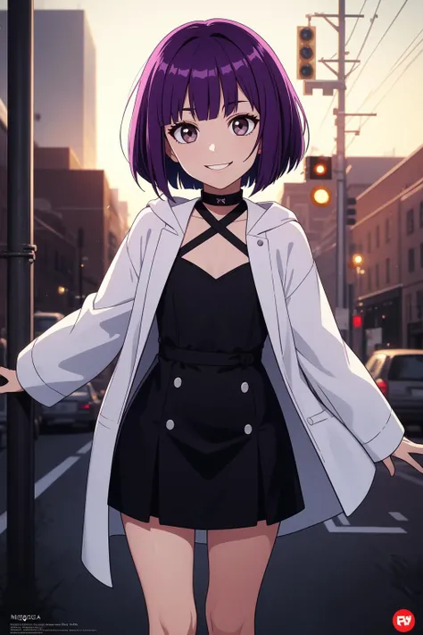 (masterpiece, best quality, SFW:1.2), keyvisual, poster, vibrant, studio lighting, BREAK, 1girl, bored, grin, looking down,(cute, petite:1.2), flat_chest, hips, thin legs, (magenta hair, short hair, bob cut, pointy hair:1.2), (dark late gray eyes:1.2), BREAK, ( robe), BREAK, from behind,back focus,Extreme Close-Up Shot, leaning forward,spread arms, BREAK, outdoors, railroad crossing