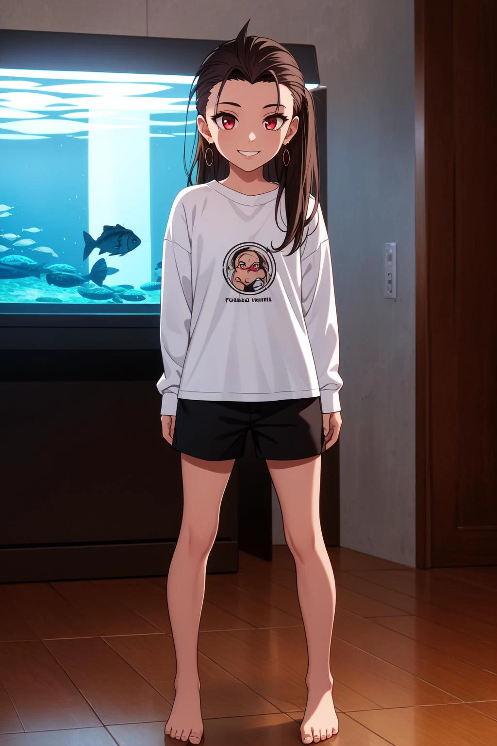 (masterpiece, best quality, SFW:1.2), digital art, 4k uhd, vintage, rim lighting, BREAK, 1girl, proud, grin, looking down, forehead, (cute, petite:1.2), flat_chest, (dark brown hair, absurdly long hair, undercut, spiked hair:1.2), (crimson eyes:1.2), BREAK, (see-through white shirt, short shorts, earrings, barefoot), BREAK, fisheye,Extreme Close-Up Shot, slouching,w arms, BREAK, building, aquarium