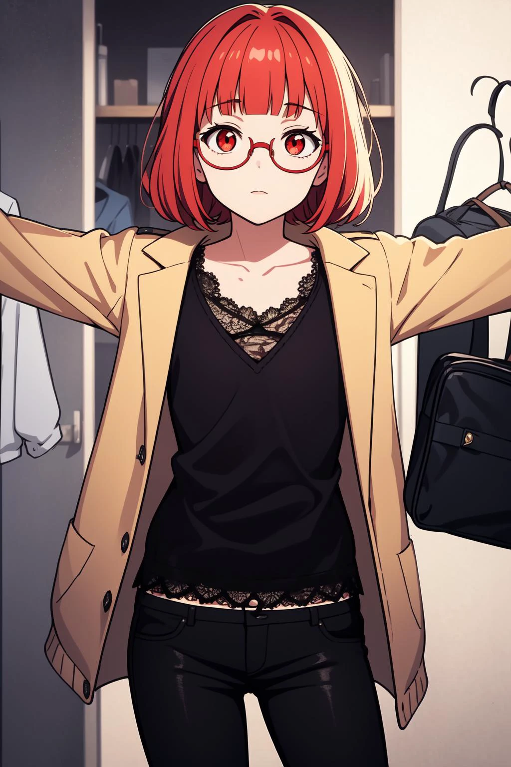 dynamic angle, cinematic shot, key visual, official art, (masterpiece, best quality:1.2), 1girl, afraid, looking up, forehead, cute, petite, flat_chest, thin legs, light red hair, blunt bangs, deep red eyes, BREAK, (lace trim orange_red_colored cardigan, torn clothes duffel coat, see-through, lowleg pants, glasses), BREAK, back focus, spread arms, BREAK, indoors, fitting room