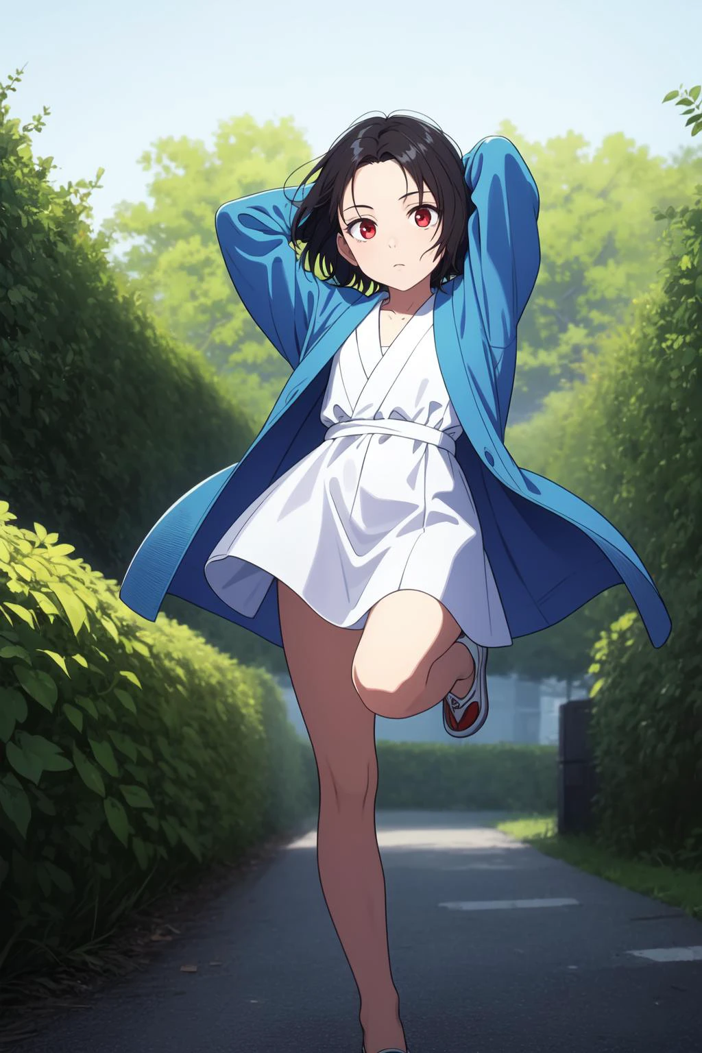 (masterpiece, best quality, SFW:1.2), fine art, poster, low saturation , ektachrome, BREAK, 1girl, loving, looking up, forehead, (cute, petite:1.2), flat_chest, (dark turquoise hair, very short hair, flipped hair:1.2), (dark red eyes:1.2), BREAK, ( bathrobe), BREAK, perspective,eye focus,wide shot, standing on one leg,arms behind head, BREAK, outdoors, garden