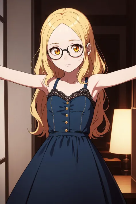 (masterpiece, best quality, SFW:1.2), digital art, hyperrealism, colorgrading, subsurface scattering, BREAK, 1girl, worried, looking down, forehead, (cute, petite:1.2), flat_chest, hips, (gainsboro hair, hime cut, wavy hair:1.2), (golden eyes:1.2), BREAK, (blue dress, glasses), BREAK, atmospheric perspective,breast focus, spread arms, BREAK, indoors, hotel room