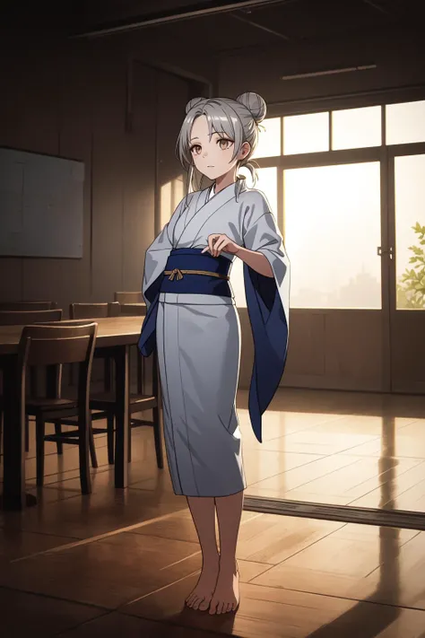 (masterpiece, best quality, SFW:1.2), keyvisual, embellishments, post-processing, translucency, BREAK, 1girl, lonely, looking down, forehead, (cute, petite:1.2), flat_chest, wide hips, (silver hair, very long hair, hair bun:1.2), (blonde eyes:1.2), BREAK, (light gray kimono, shawl, barefoot), BREAK, vanishing point,eye focus, standing split, BREAK, indoors, cafeteria