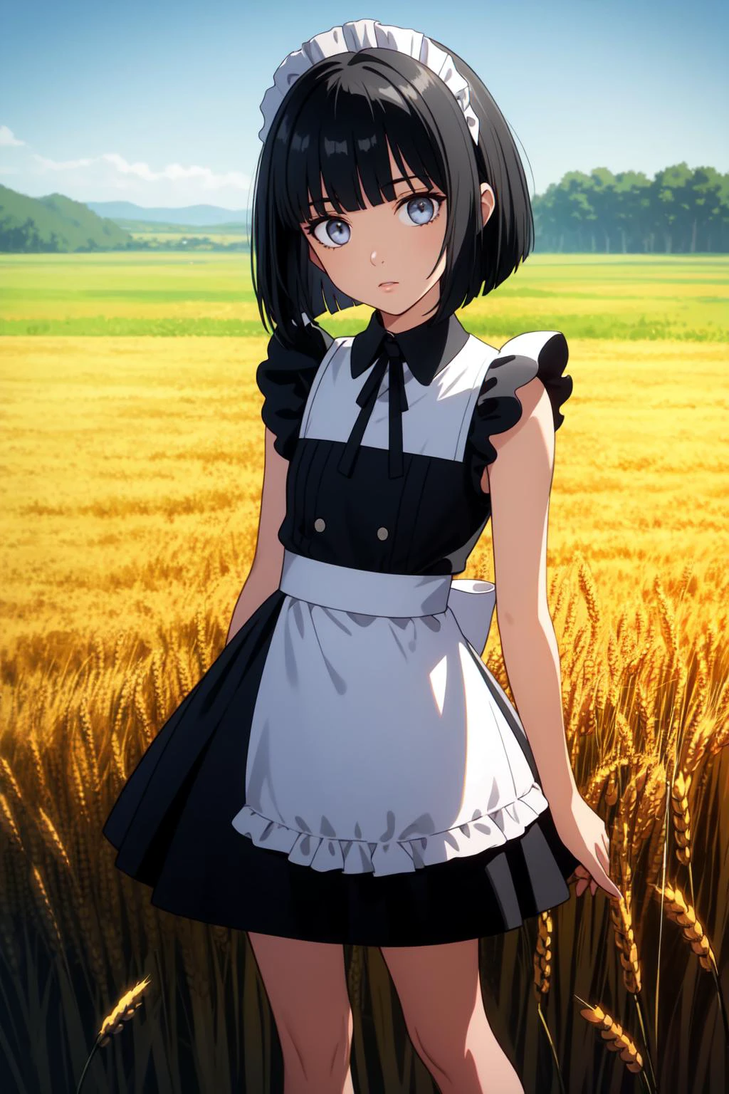 (masterpiece, best quality, SFW:1.2), elegant, hyperrealism, psychedelic, glowing
BREAK
1girl, neutral, looking at viewer,(cute, petite:1.2), flat_chest, (dark gray hair, bob cut, twin drills:1.2), (khaki eyes:1.2)
BREAK
(dark orange colored maid uniform)
BREAK
back focus,close-up, legs apart
BREAK
outdoors, wheat field