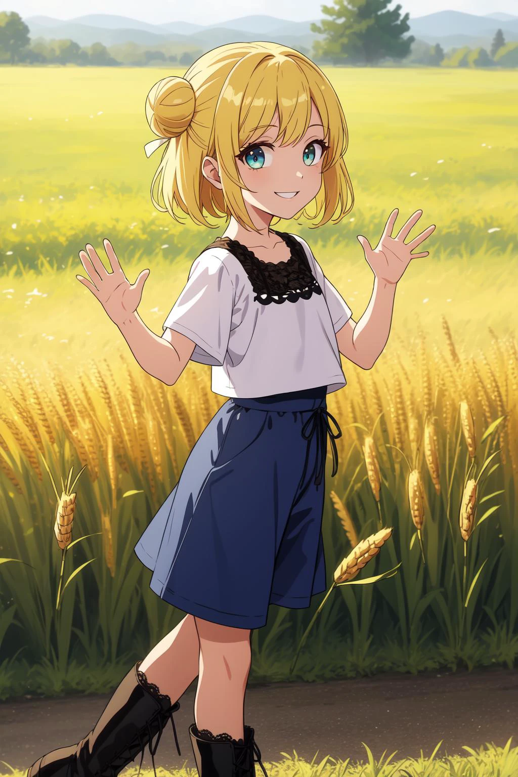 (masterpiece, best quality, SFW:1.2), golden ratio, 4k uhd, muted colors, ektachrome, BREAK, 1girl, happiness, grin, looking at viewer,(cute, petite:1.2), flat_chest, (yellow hair, cone hair bun, swept bangs:1.2), (gainsboro eyes:1.2), BREAK, (gathers white shiny t-shirt, flower trim, vivid blue bloomers, lace-up boots), BREAK, from side, waving, BREAK, outdoors, wheat field