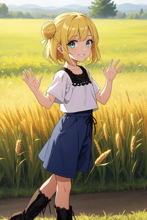 (masterpiece, best quality, SFW:1.2), golden ratio, 4k uhd, muted colors, ektachrome, BREAK, 1girl, happiness, grin, looking at viewer,(cute, petite:1.2), flat_chest,  (yellow hair, cone hair bun, swept bangs:1.2), (gainsboro eyes:1.2), BREAK, (gathers white shiny t-shirt, flower trim, vivid blue bloomers, lace-up boots), BREAK, from side, waving, BREAK, outdoors, wheat field