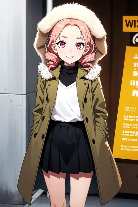 (masterpiece, best quality, SFW:1.2), celestial, poster, tone mapping, specular lighting, BREAK, 1girl, joyful, grin, looking up, forehead, (cute, petite:1.2), flat_chest, (orange_colored hair, drill hair:1.2), (light pink eyes:1.2), BREAK, (fur trim green yellow turtleneck, taut shirt dark brown winter coat, skirt, ), BREAK, Extreme Close-Up Shot, knees to chest,arms at sides, BREAK, outdoors, carousel