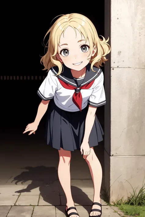 (masterpiece, best quality, SFW:1.2), evocative, hyperrealism, vibrant, translucency
BREAK
1girl, determined, grin, looking up, forehead, (cute, petite:1.2), flat_chest, thin legs, (blonde hair, big hair, messy hair:1.2), (dark gray eyes:1.2)
BREAK
(dark gray school uniform, flip-flops)
BREAK
vanishing point, leaning forward
BREAK
outdoors, pier