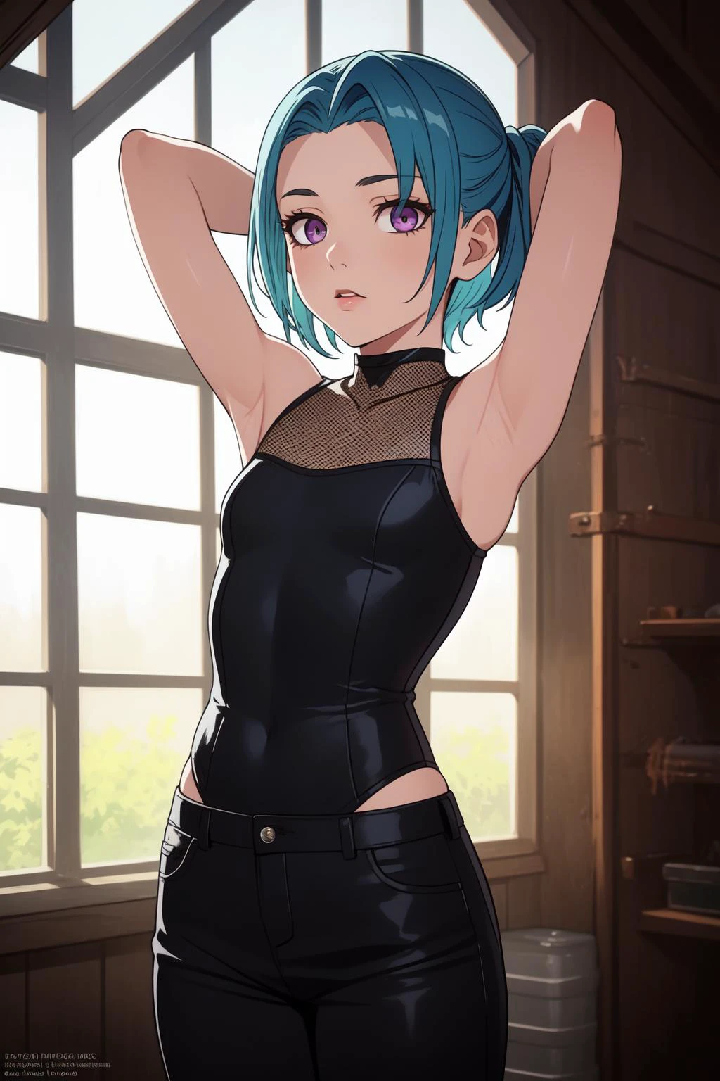 (masterpiece, best quality, SFW:1.2), trending on artstation, hyperrealism, vintage, god rays, BREAK, 1girl, stubborn, looking up, forehead, (cute, petite:1.2), flat_chest, (aqua_blue hair, undercut:1.2), (dark violet eyes:1.2), BREAK, (see-through underbust, see-through, pants rolled up), BREAK, armpit focus, paw pose,arms behind head, BREAK, building, greenhouse