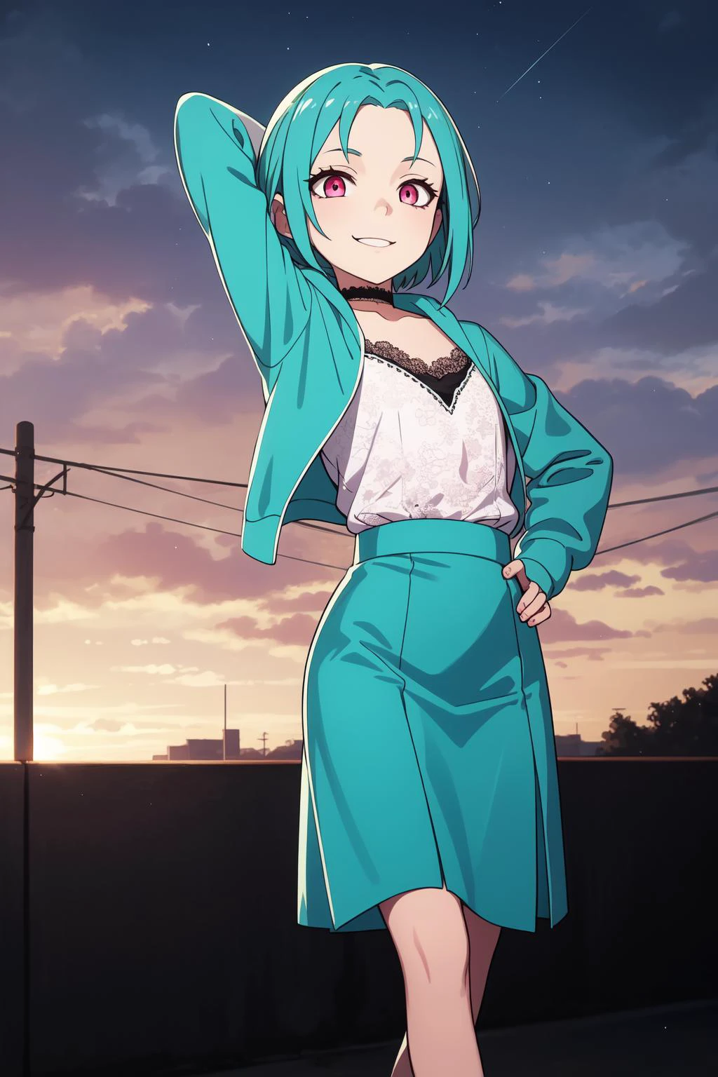 (masterpiece, best quality, SFW:1.2), fine art, crystalline, muted colors, soft lighting, BREAK, 1girl, hopeful, grin, looking down, forehead, (cute, petite:1.2), flat_chest, wide hips, thin legs, (cyan hair, absurdly long hair, hime cut:1.2), (pink eyes:1.2), BREAK, ( hoodie, lace trim, high-waist skirt, , choker), BREAK, perspective, standing on one leg,stretching, BREAK, outdoors, bridge