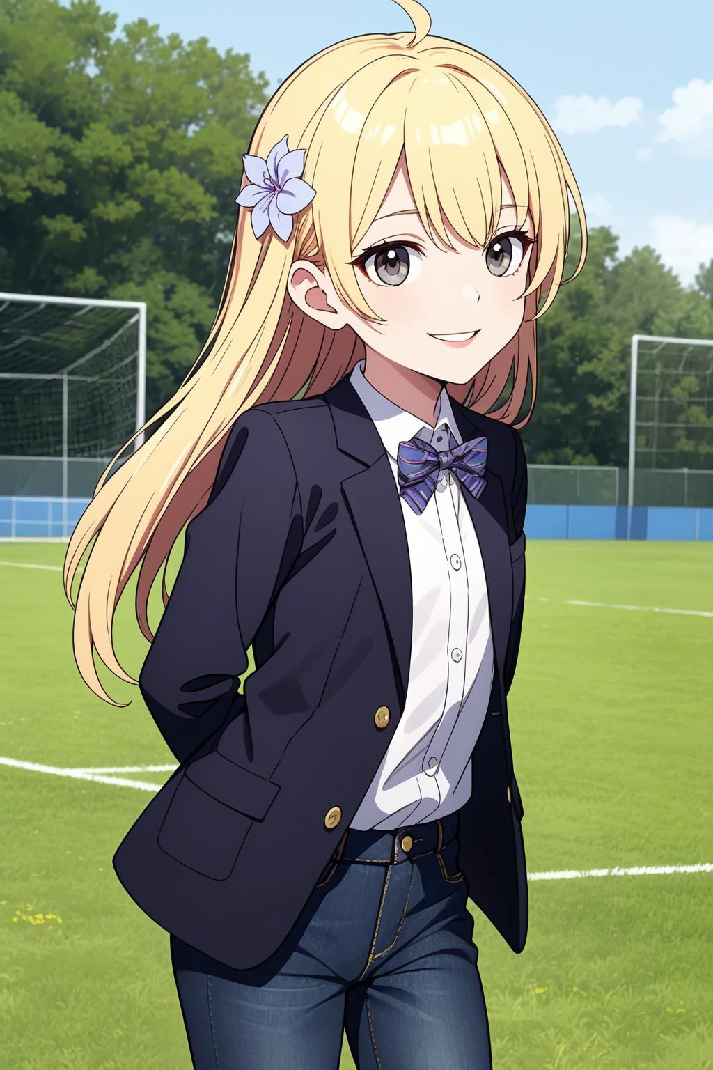 , (masterpiece, best quality:1.2), 1girl, disgust, grin, looking up,cute, petite, flat_chest, golden hair, flower-shaped hair, messy hair, hair intakes, gray eyes, BREAK, (blonde blazer, gold trim, jeans), BREAK, Long Shot, seiza,arms behind back, BREAK, outdoors, soccer field