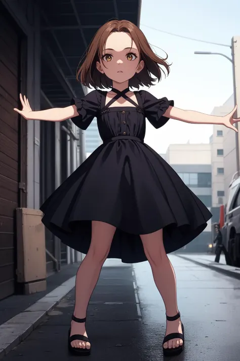 , (masterpiece, best quality:1.2), 1girl, bad, looking down, forehead, cute, petite, flat_chest, wide hips, thick thighs, brown hair, bob cut, wavy hair, blunt bangs, white eyes, BREAK, ( dress, flip-flops), BREAK, atmospheric perspective,portrait, legs apart,outstretched arms, BREAK, outdoors, shipyard