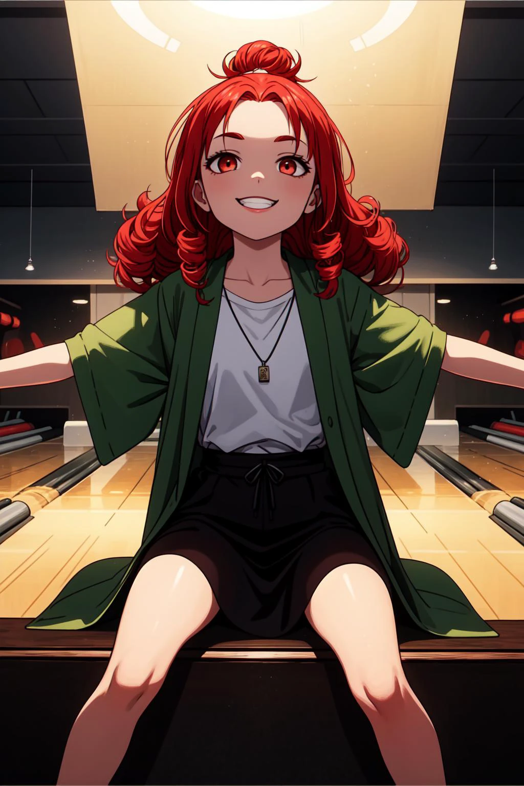 (masterpiece, best quality, SFW:1.2), oil painting, filigree, low contrast, translucency
BREAK
1girl, furled brow, grin, looking up, forehead, (cute, petite:1.2), flat_chest, (light red hair, big hair, topknot, curly hair:1.2), (white shiny eyes:1.2)
BREAK
(khaki robe)
BREAK
perspective, sitting,spread arms
BREAK
building, bowling alley