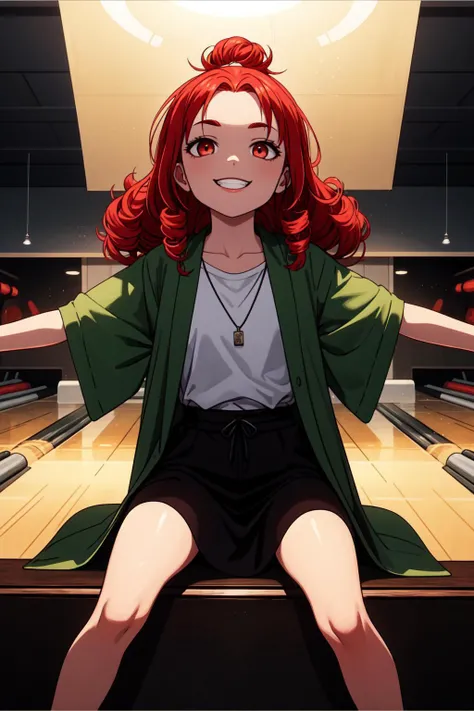 (masterpiece, best quality, SFW:1.2), oil painting, filigree, low contrast, translucency
BREAK
1girl, furled brow, grin, looking up, forehead, (cute, petite:1.2), flat_chest, (light red hair, big hair, topknot, curly hair:1.2), (white shiny eyes:1.2)
BREAK
(khaki robe)
BREAK
perspective, sitting,spread arms
BREAK
building, bowling alley