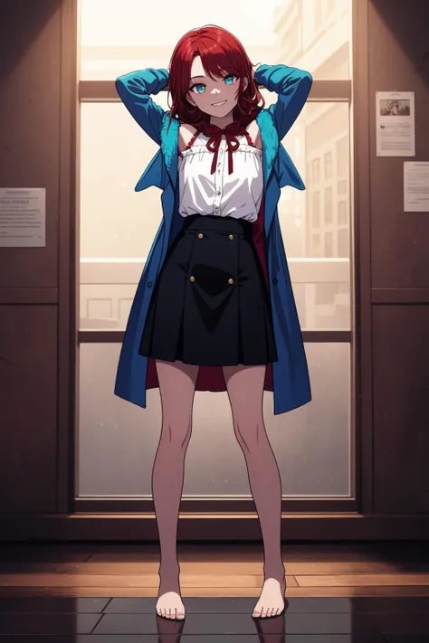 (masterpiece, best quality, SFW:1.2), divine, spirals, vibrant, soft lighting, BREAK, 1girl, pained, grin, looking up, forehead, (cute, petite:1.2), flat_chest, (deep red hair, flipped hair, swept bangs:1.2), (dark turquoise eyes:1.2), BREAK, (fur trim off-shoulder shirt, ribbon trim red winter coat, high-waist skirt, , barefoot), BREAK, cowboy shot, slouching,arms up, BREAK, building, museum