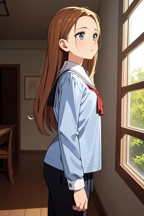 , (masterpiece, best quality:1.2), 1girl, stubborn, looking up, forehead, cute, petite, flat_chest, wide hips, thick thighs, orange_colored hair, very long hair, pointy hair, grey blue eyes, BREAK, (brown school uniform), BREAK, from side,Long Shot, contrapposto, BREAK, indoors, conservatory